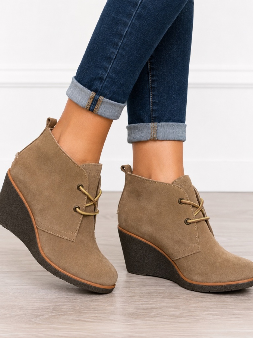 Sperry Wedge Ankle Booties Casual Taupe Suede Lace-Up Size 8.5